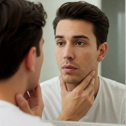 Man Examining Jawline Area in Mirror, Considering Skin Condition