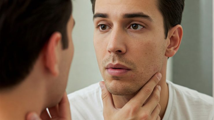 Man Examining Jawline Area in Mirror, Considering Skin Condition