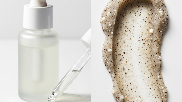 Conceptual Comparison of Gentle Chemical Exfoliant vs. Abrasive Physical Scrub Particles