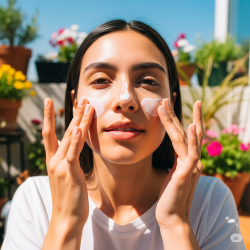 Person with healthy skin applying lightweight facial sunscreen for daily UV protection.