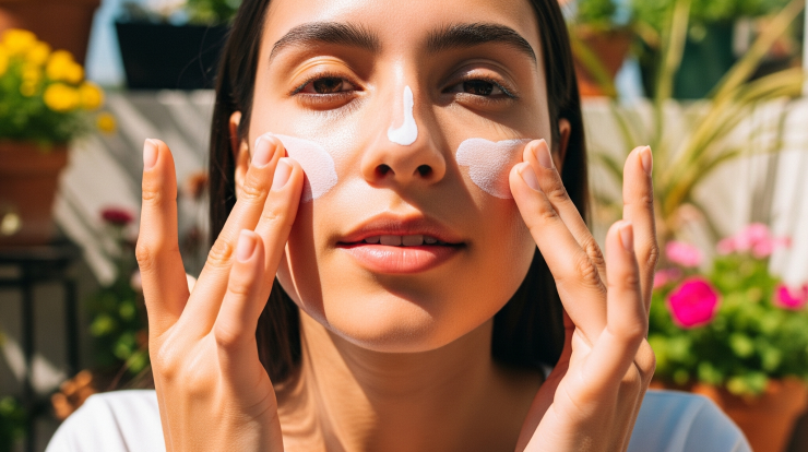 Person with healthy skin applying lightweight facial sunscreen for daily UV protection.