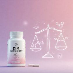 DIM Supplement Bottle with Conceptual Icons Representing Hormonal Balance and Skin Health Inquiry