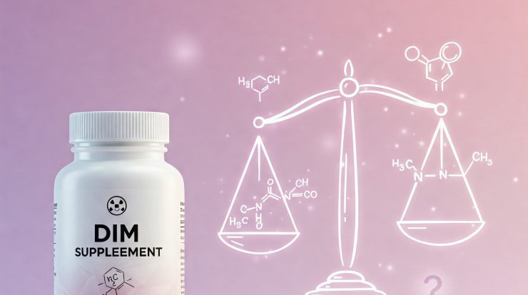 DIM Supplement Bottle with Conceptual Icons Representing Hormonal Balance and Skin Health Inquiry